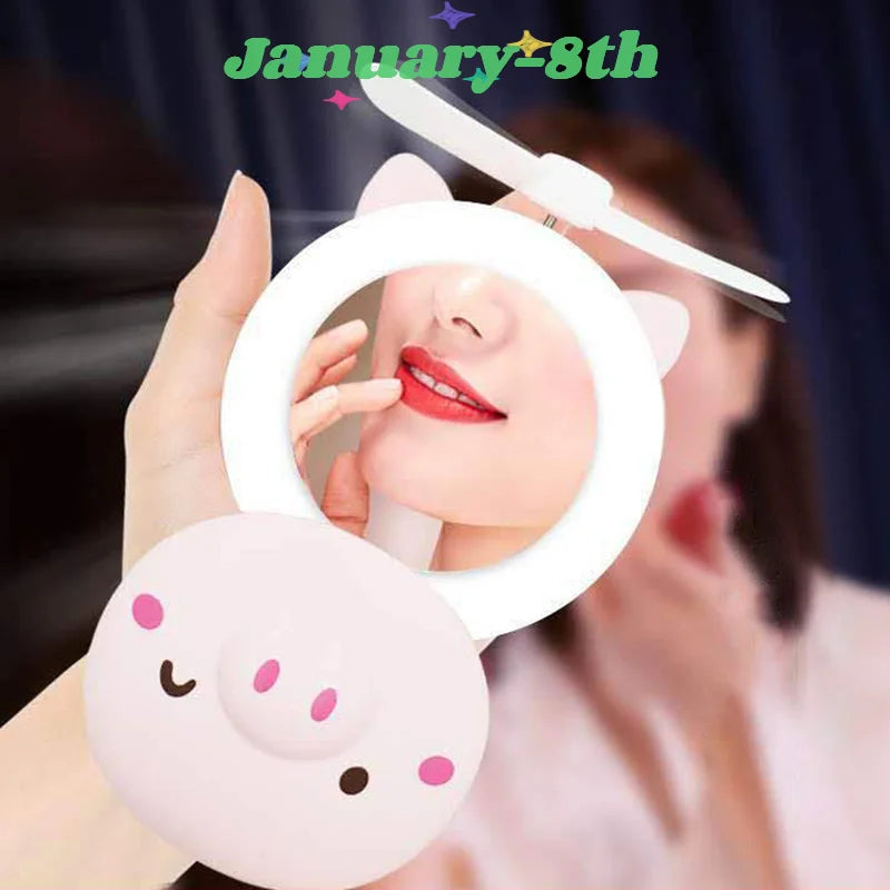 Cute Piggy Makeup Mirror With Led Light Handheld Cosmetic Mirror With Small Fan Girls Travel Portable Vanity Mirror HD Mirror