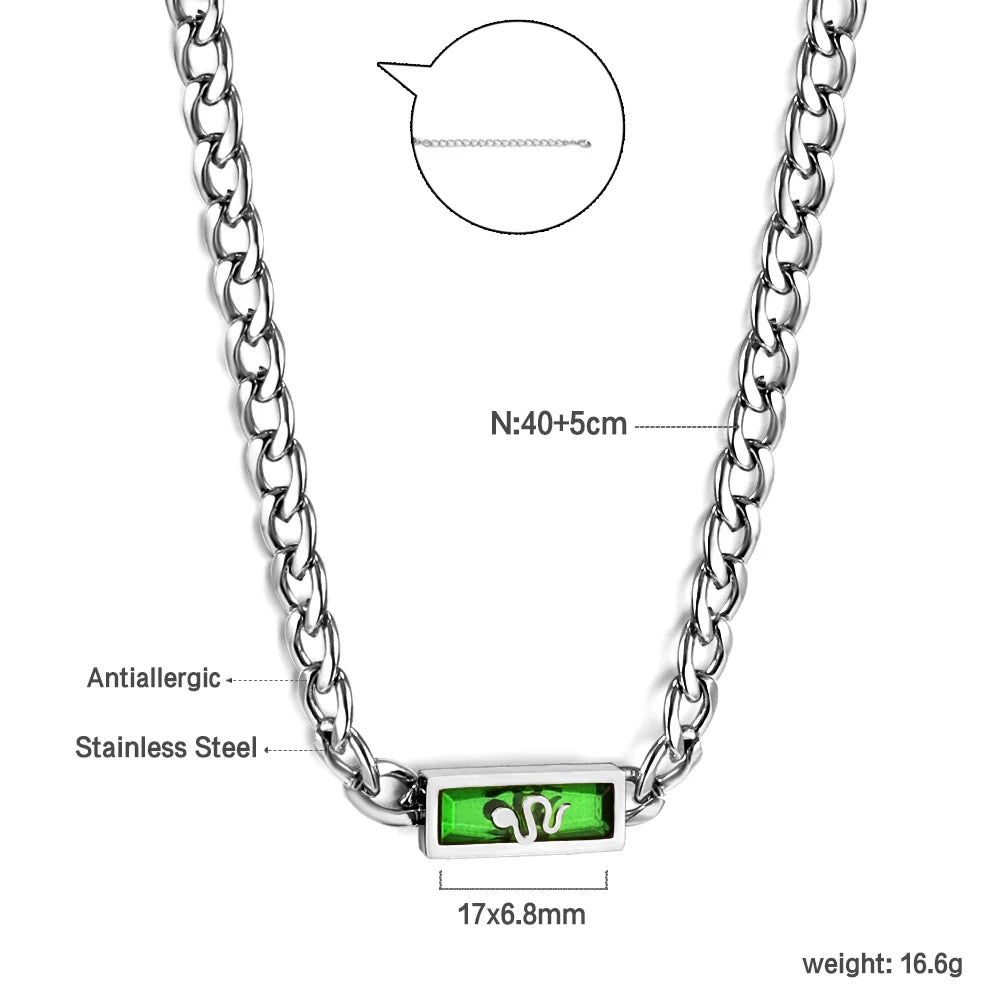 LUXUSTEEL Retro Colorful Square Crystal Pendant Necklace For Women Stainless Steel Figaro Chain Green White Red CZ Wedding Gift