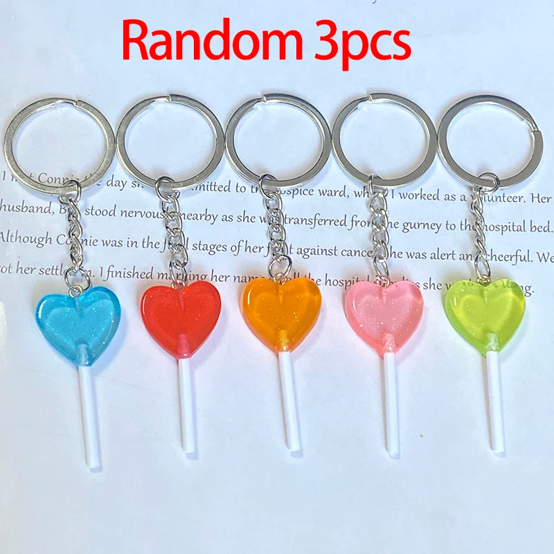 1Pcs/3Pcs Sequin Heart Lollipop Candy Keychains New Colorful Kawaii Creative Funny 3D Food Pendant Bag Box Car Key Ring Jewelry