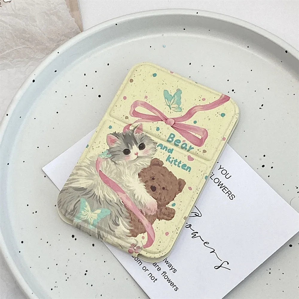 Portable Foldable Makeup Mirror PU Leather Handheld Mirrors Cute Bow Bunny Cat Bear Mini Pocket Girls Student Cosmetic Mirror
