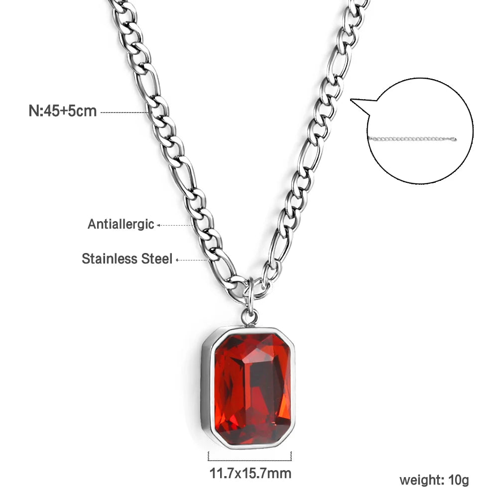LUXUSTEEL Retro Colorful Square Crystal Pendant Necklace For Women Stainless Steel Figaro Chain Green White Red CZ Wedding Gift