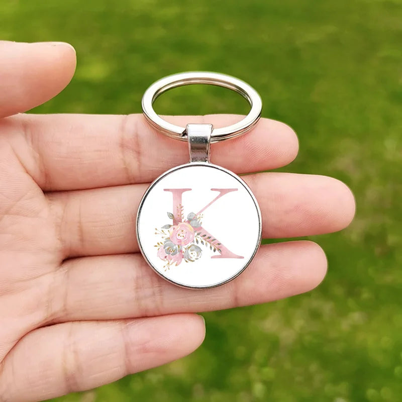 26 Letter Keychain Wholesale Creative Flower Alphabet ABCD Name Design Glass Cabochon Key Chain Christmas Gift for Friends