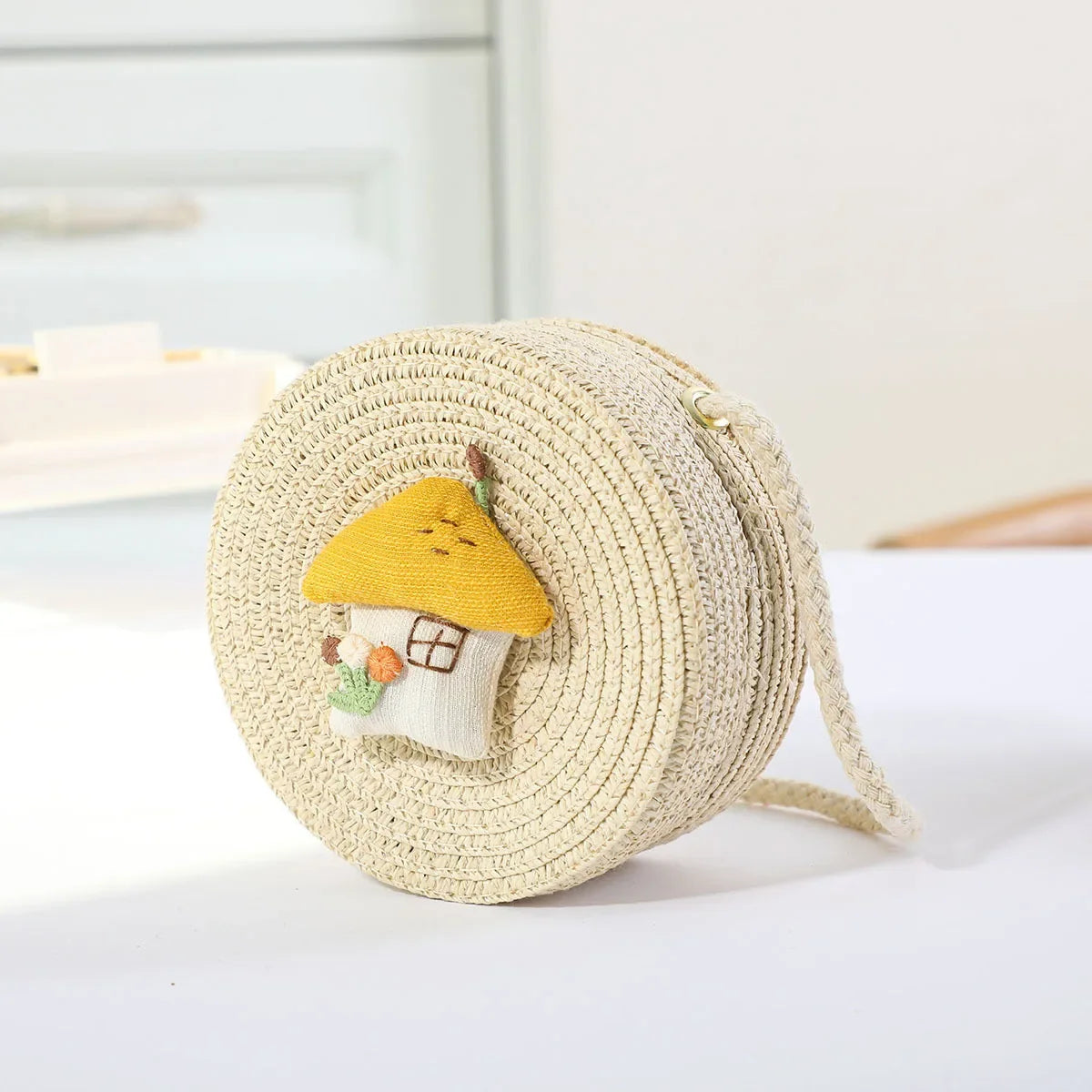 Fashion Round Woven Bow Girls Crossbody Bag Simple Baby Kids Beach Purse Clutch Casual Straw Flower Children's Shoulder Bags