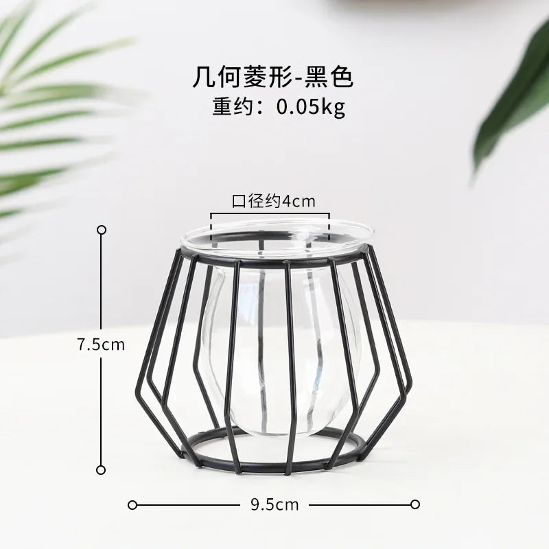 Nordic Golden Glass Vase Plant Stand Glass Container Geometric Home Decor Modern Metal Vase Hydroponic Plant Flowers Wire Vase