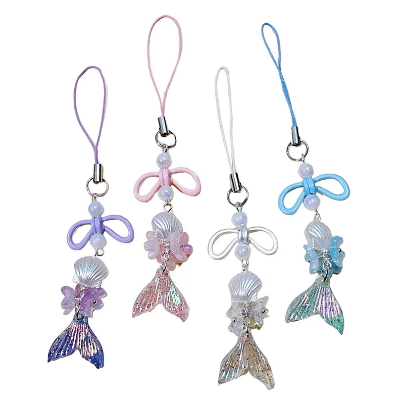 Acrylic Laser Bow Cherry Blossom Mermaid Mobile Phone Straps Phone Chain Pendant Universal Phone Keychain Backpack Decor