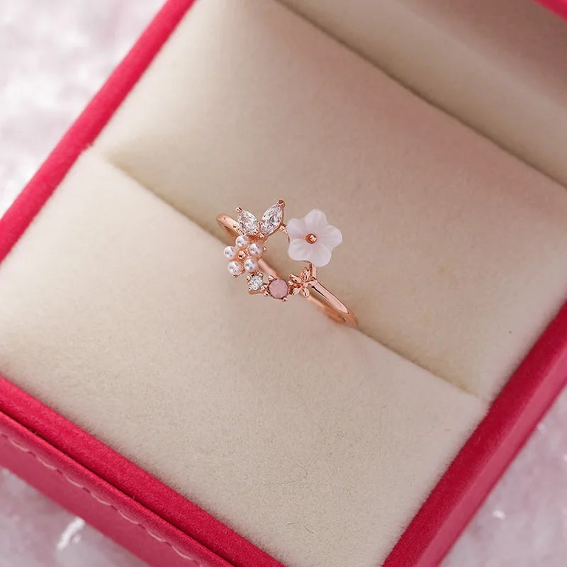 Korean Delicate Flowers Rings for Women Girls Temperament Micro-inlaid Crystal Zircon Finger Rings Party Jewelry Accessories