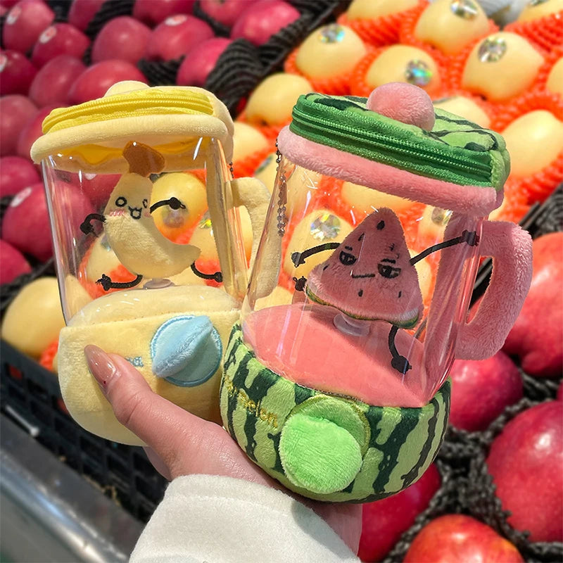 Cute Cartoon Fruit Juicer Plush Toy Keychain Funny Drawstring Rotating Stuffed Doll Keychain Creative Backpack Decoration Gifts