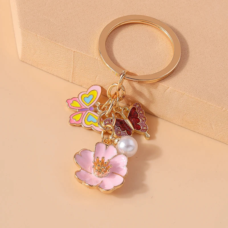 Cute Enamel Flower Keychain Butterfly Key Rings Pendants for Key Holder Women Girls Handbag Decor DIY Jewelry Gifts