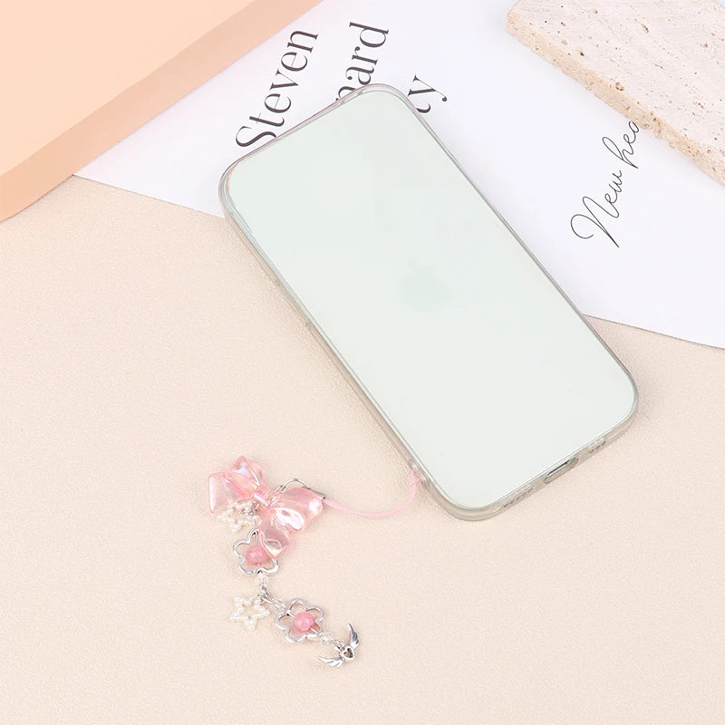 Kawaii Clear Heart Bow Knot Pendant Phone Charm Strap Camera Lanyard Sweet Cool Girl Jewelry Keychain