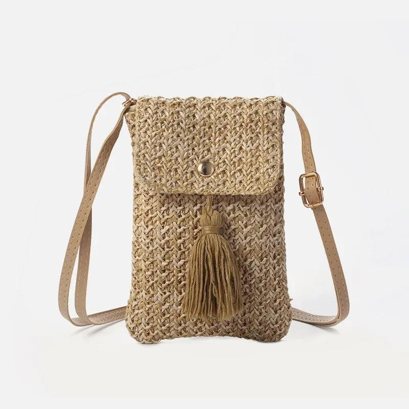 Women Straw Beach Bag Holiday Mobile Phone Shouder Bag Summer Tassel Mini Crossbody Bag for Lady Gril Travel Bohemian Style