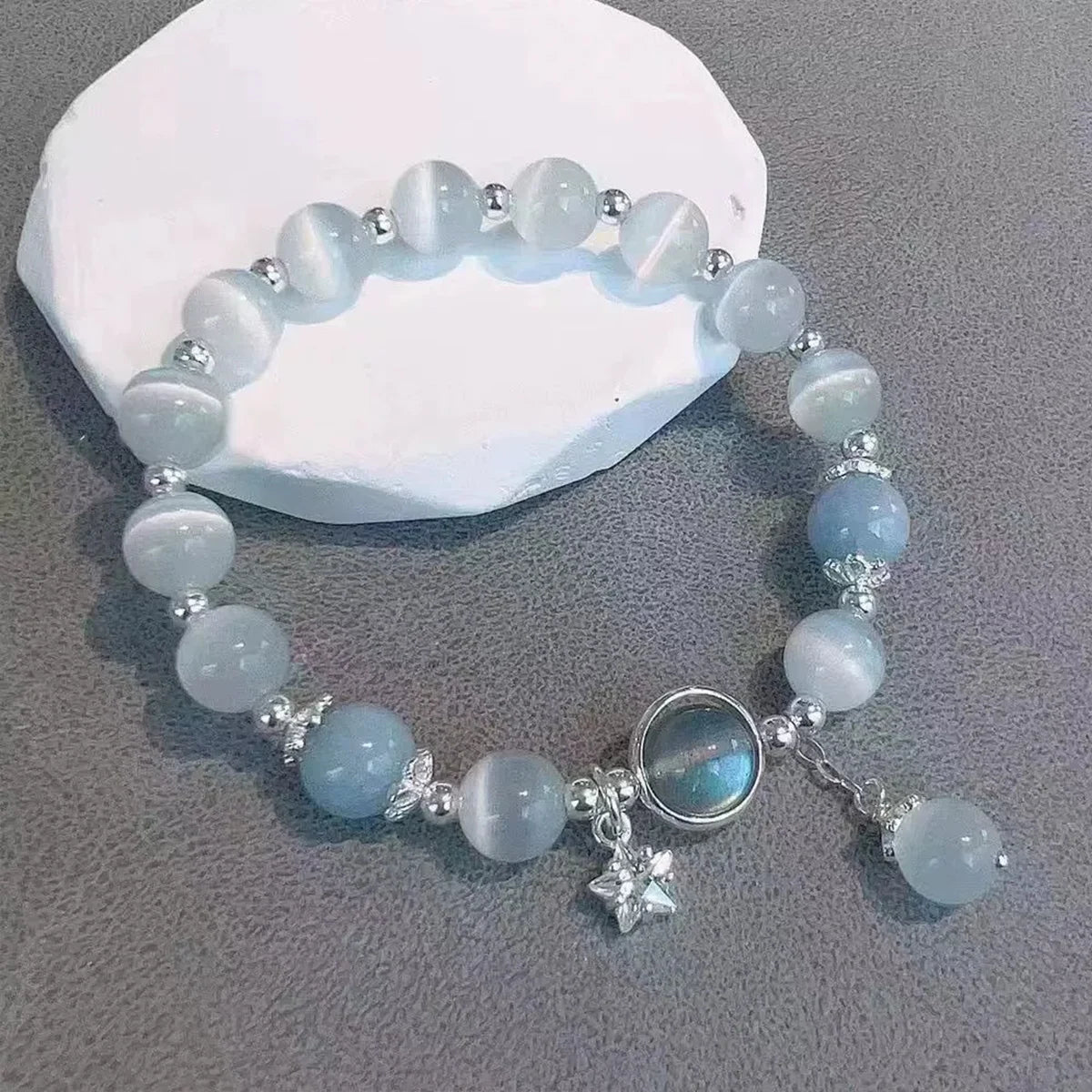 Unique Dreamy Blue Moonstone Cat Eye Pendant Crystal Bead Bracelet Party Jewelry Gift For Women