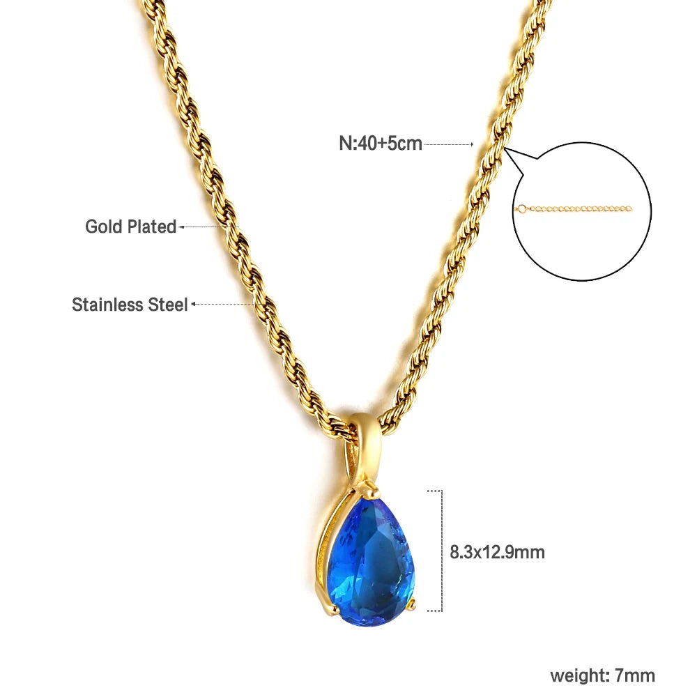 LUXUSTEEL Retro Colorful Square Crystal Pendant Necklace For Women Stainless Steel Figaro Chain Green White Red CZ Wedding Gift