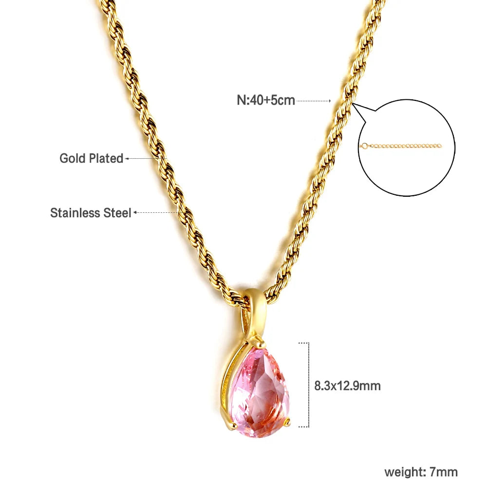 LUXUSTEEL Retro Colorful Square Crystal Pendant Necklace For Women Stainless Steel Figaro Chain Green White Red CZ Wedding Gift