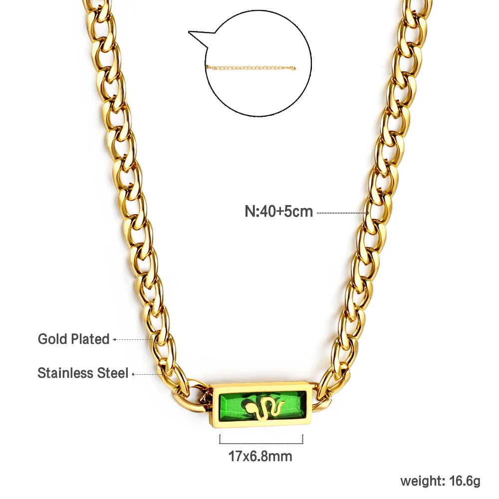 LUXUSTEEL Retro Colorful Square Crystal Pendant Necklace For Women Stainless Steel Figaro Chain Green White Red CZ Wedding Gift
