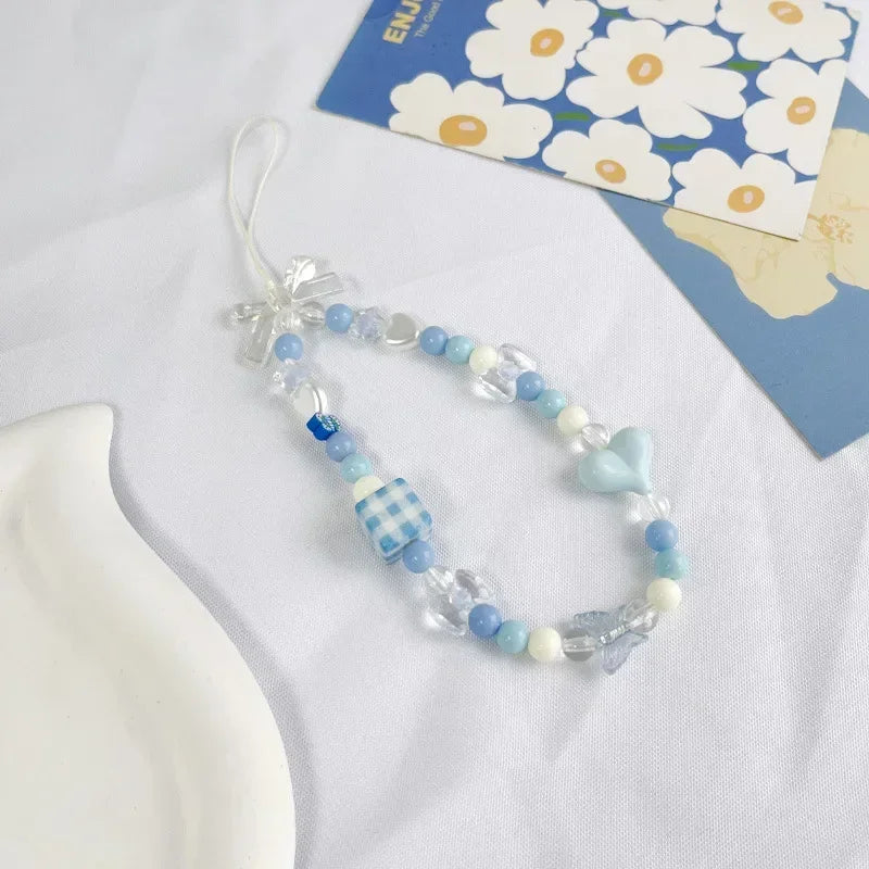 1Pc Blue Lovely INS Small Fresh Crystal Beaded Mobile Phone Lanyard Casual Cute Girl CCD Bag Key Chain Strap DIY Decor Pendant