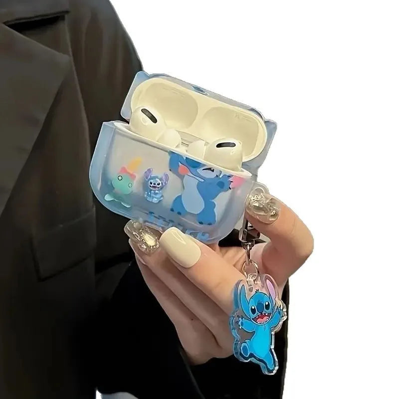 Kawaii Cartoon Stitch Case For Airpods 4 3 2 1 Pro Pro2 Anime Lilo & Stitch Protective Earphone Cover With Key Ring Kids Gifts