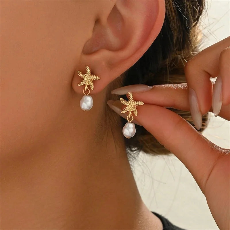 Fashion Asymmetric Ocean Style Earrings Stud For Women Starfish Shell Earring Ear Ring Imitation Pearl Zircon Jewelry Gift