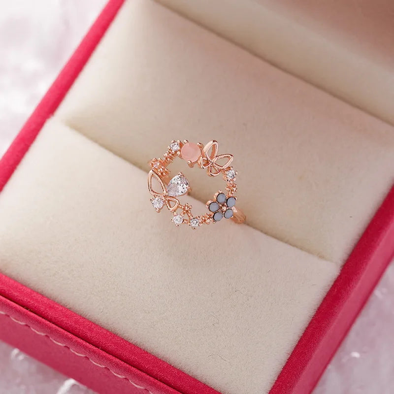 Korean Delicate Flowers Rings for Women Girls Temperament Micro-inlaid Crystal Zircon Finger Rings Party Jewelry Accessories