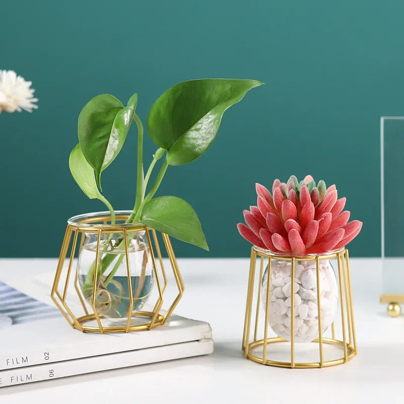 Nordic Golden Glass Vase Plant Stand Glass Container Geometric Home Decor Modern Metal Vase Hydroponic Plant Flowers Wire Vase