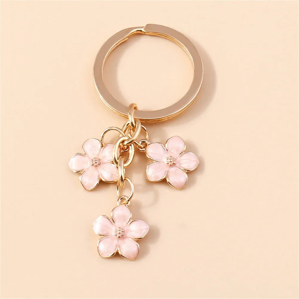 Cute Cherry Blossom Keychain Enamel Flower Pendant Key Chain Couple Car Key Holder Accessories For Women Girls Handbag Jewelry