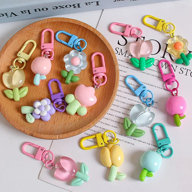 Resin Tulip Keychain Pendant Flower Girl Heart Cute Bag Ornament Headphone Key Case Decoration