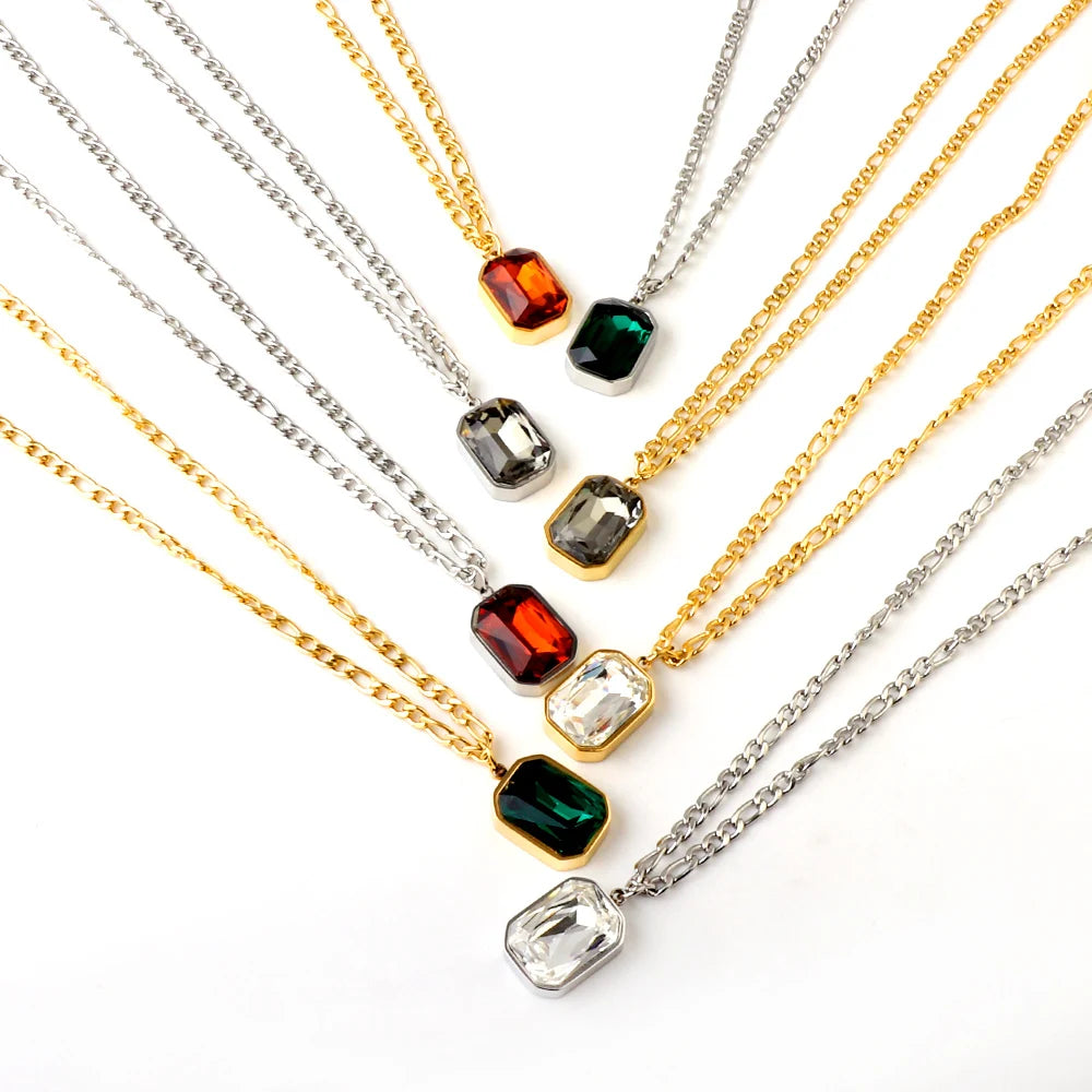 LUXUSTEEL Retro Colorful Square Crystal Pendant Necklace For Women Stainless Steel Figaro Chain Green White Red CZ Wedding Gift