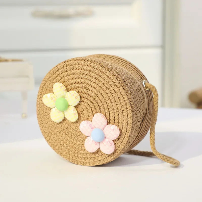 Fashion Round Woven Bow Girls Crossbody Bag Simple Baby Kids Beach Purse Clutch Casual Straw Flower Children's Shoulder Bags