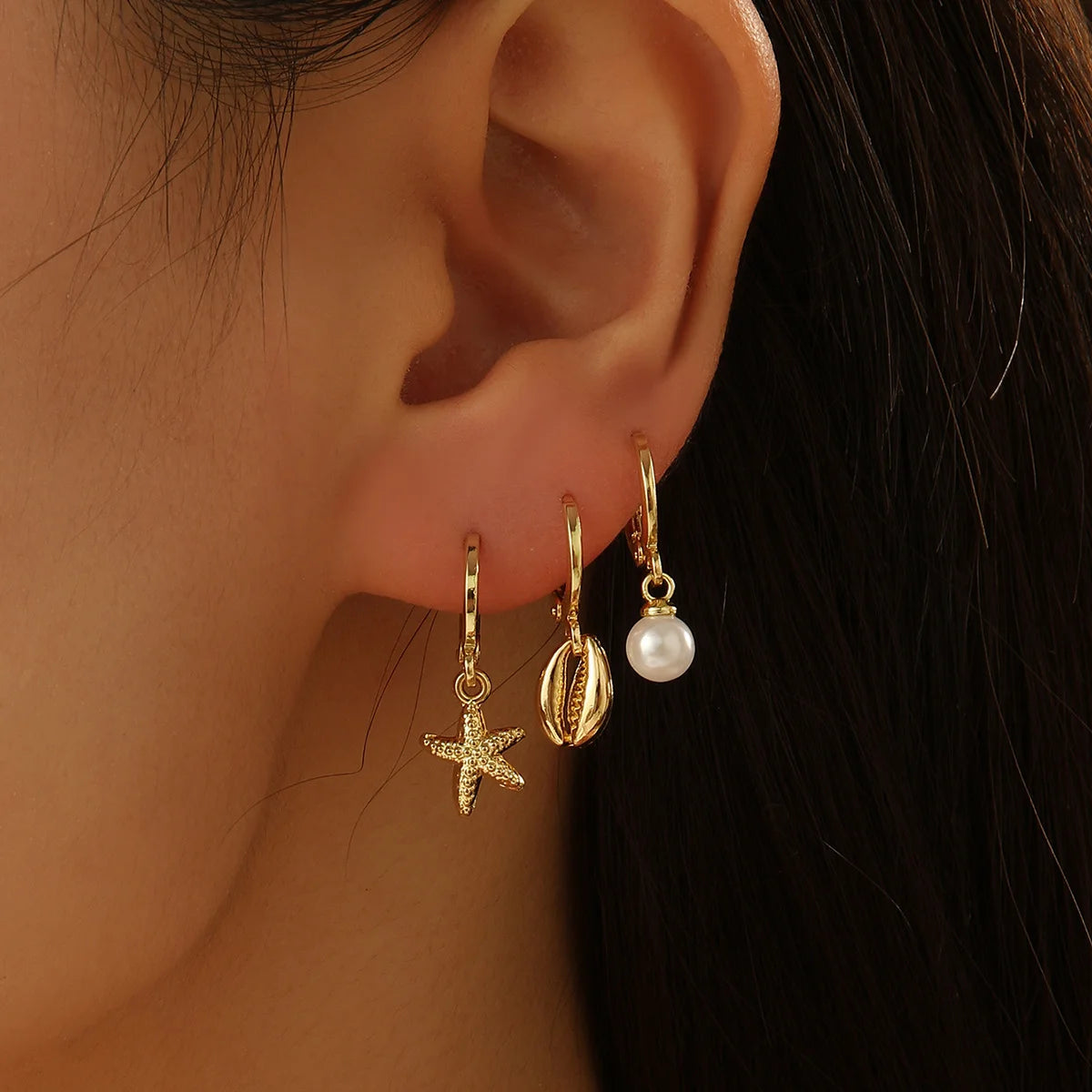 Fashion Asymmetric Ocean Style Earrings Stud For Women Starfish Shell Earring Ear Ring Imitation Pearl Zircon Jewelry Gift