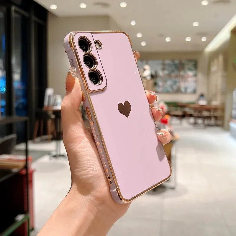Luxury Plating Case For Samsung Galaxy S22 S23 Ultra S21 S20 FE A52 A53 S22 Plus A13 A54 A14 Love Heart Side Pattern Phone Cover