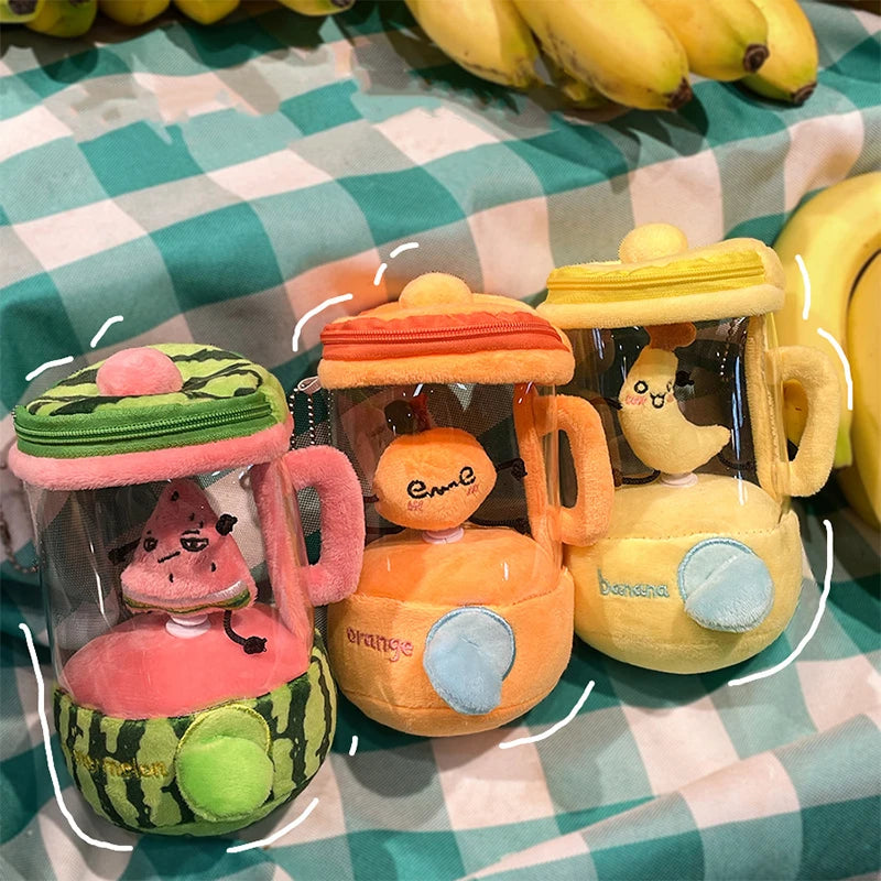 Cute Cartoon Fruit Juicer Plush Toy Keychain Funny Drawstring Rotating Stuffed Doll Keychain Creative Backpack Decoration Gifts
