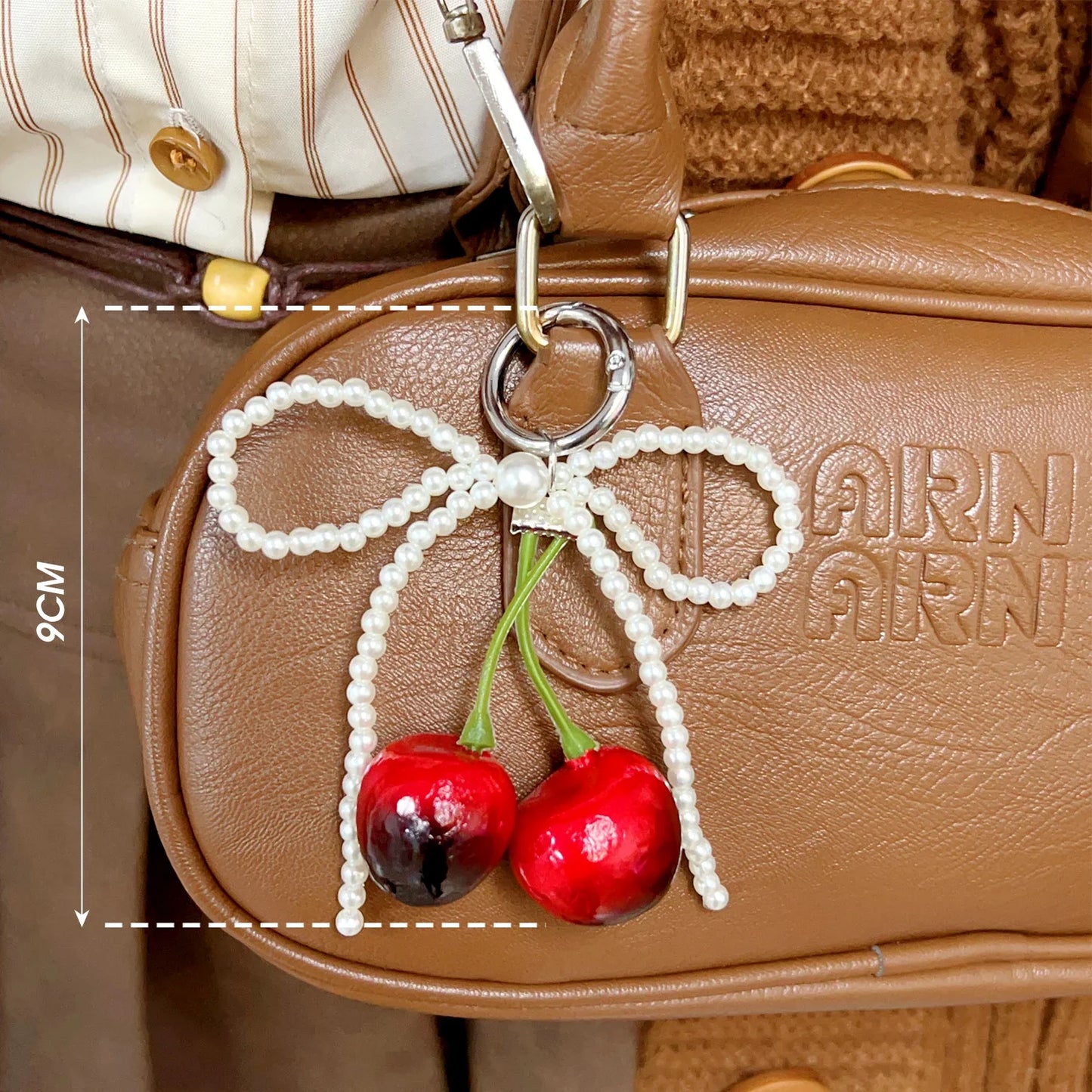 Fashion Pearl Bowknot Keychain Phone Lanyard Pendant Hanging Accessories Sweet Cherry Keyring Charm Jewelry For Girl Women Gift