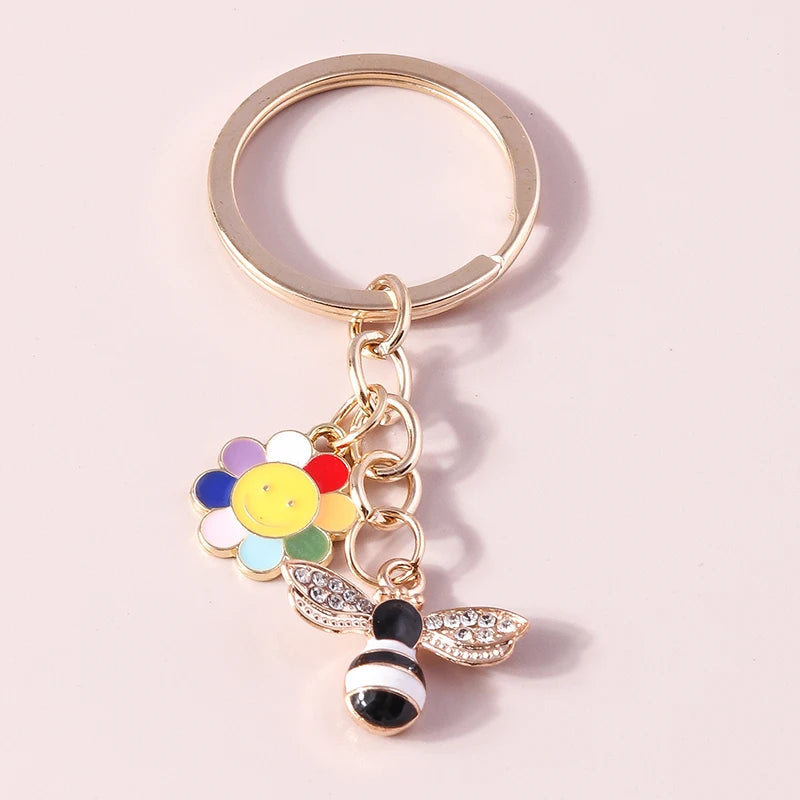 Cute Enamel Flower Keychain Butterfly Key Rings Pendants for Key Holder Women Girls Handbag Decor DIY Jewelry Gifts