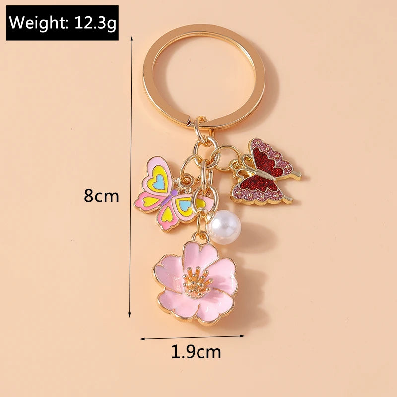 Cute Enamel Flower Keychain Butterfly Key Rings Pendants for Key Holder Women Girls Handbag Decor DIY Jewelry Gifts