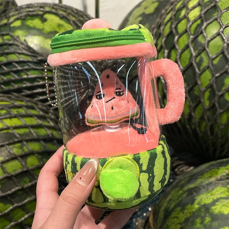 Cute Cartoon Fruit Juicer Plush Toy Keychain Funny Drawstring Rotating Stuffed Doll Keychain Creative Backpack Decoration Gifts