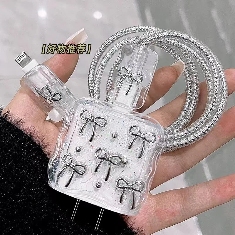 Kawaii Bow Charger Data Cable Case Protector Winding Kit for IPhone 16 15 20W Shining Bowknot Cellphone Charger Protective Case