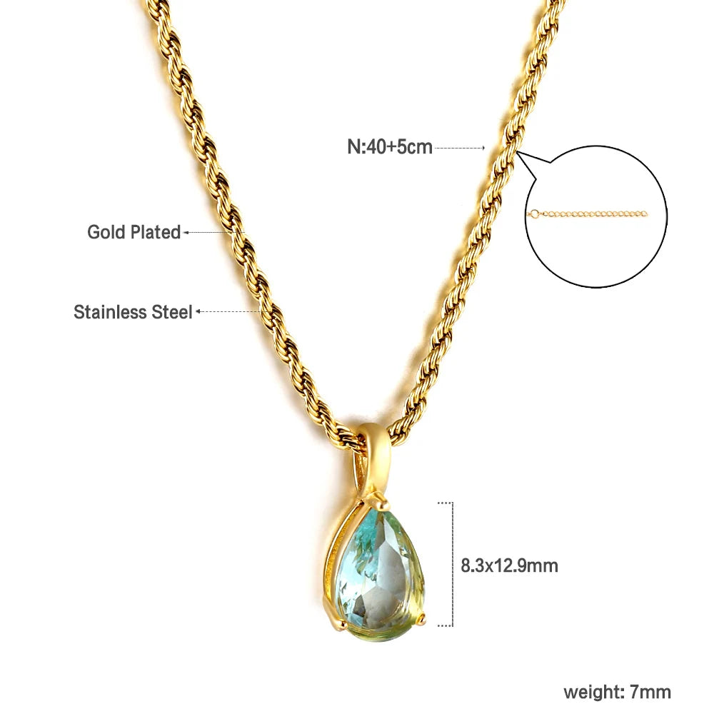 LUXUSTEEL Retro Colorful Square Crystal Pendant Necklace For Women Stainless Steel Figaro Chain Green White Red CZ Wedding Gift