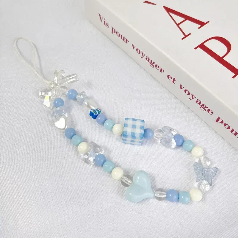 1Pc Blue Lovely INS Small Fresh Crystal Beaded Mobile Phone Lanyard Casual Cute Girl CCD Bag Key Chain Strap DIY Decor Pendant