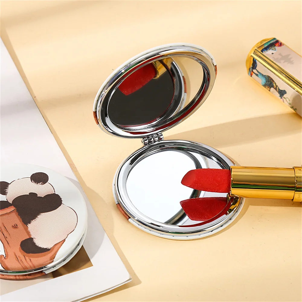 Portable Double-Side Folding Makeup Mirror Mini Round Cartoon Pattern Pocket Compact Vanity Handheld Mirror Travel Cosmetic Tool