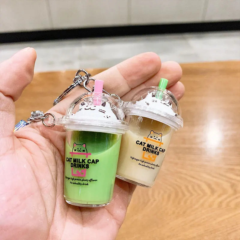 Cartoon Cat Liquid Milk Tea Cup Drinks Key Chain Flower Lanyard Cute Moving Quicksand Keychain For Women Bag Pendant Kids Gifts