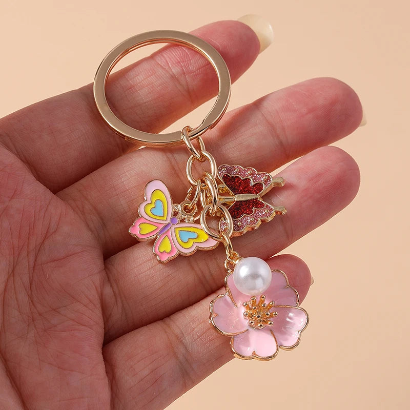 Cute Enamel Flower Keychain Butterfly Key Rings Pendants for Key Holder Women Girls Handbag Decor DIY Jewelry Gifts
