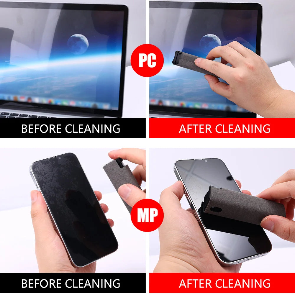 2 In 1 Phone Screen Cleaner Spray Computer Phone Screen Dust Removal Tool for IPhone iPad Huawei Xiaomi Microfiber Cleaning Set