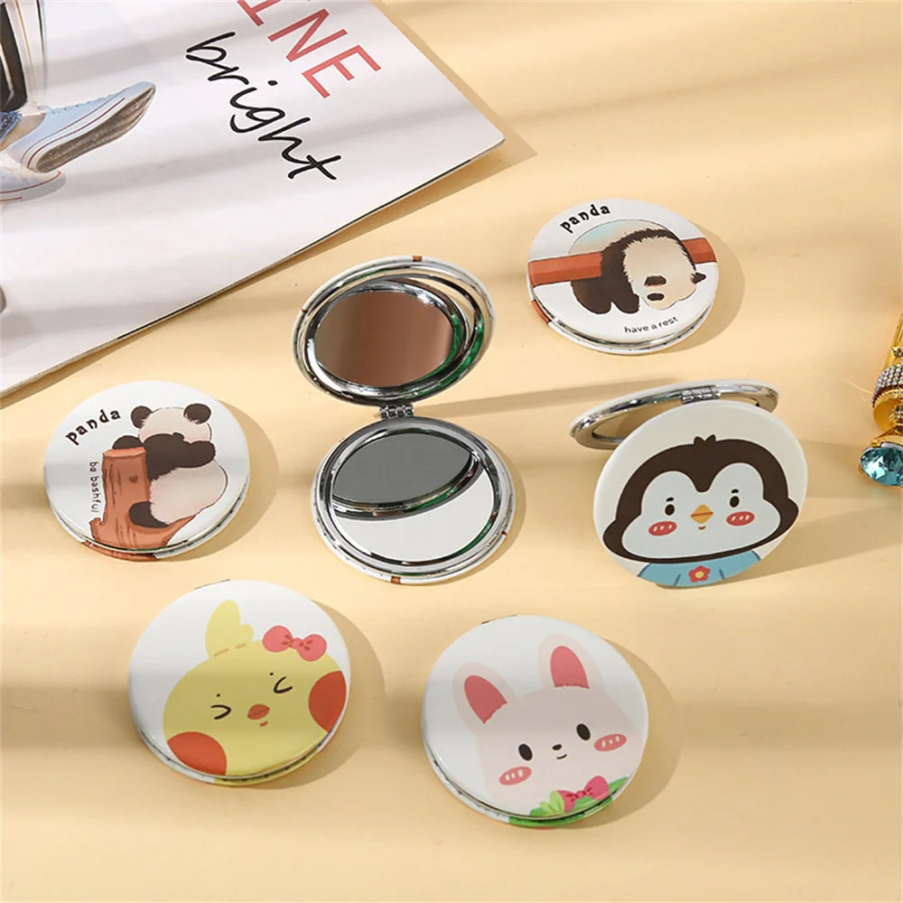 Portable Double-Side Folding Makeup Mirror Mini Round Cartoon Pattern Pocket Compact Vanity Handheld Mirror Travel Cosmetic Tool