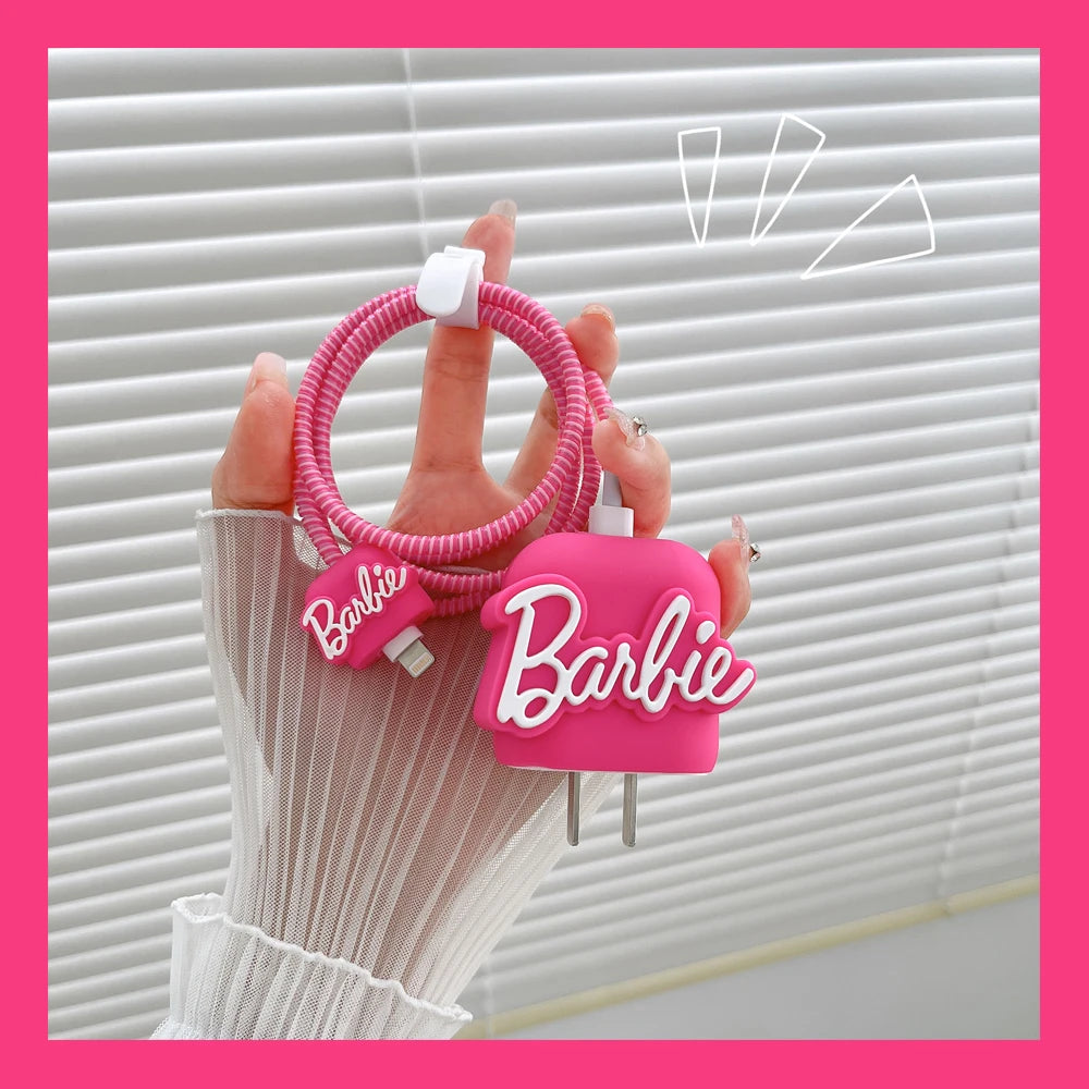 Cartoon Barbies kawaii pink data cable protective cover suitable for Apple fast charging head 18/20w anti-fall cable winder
