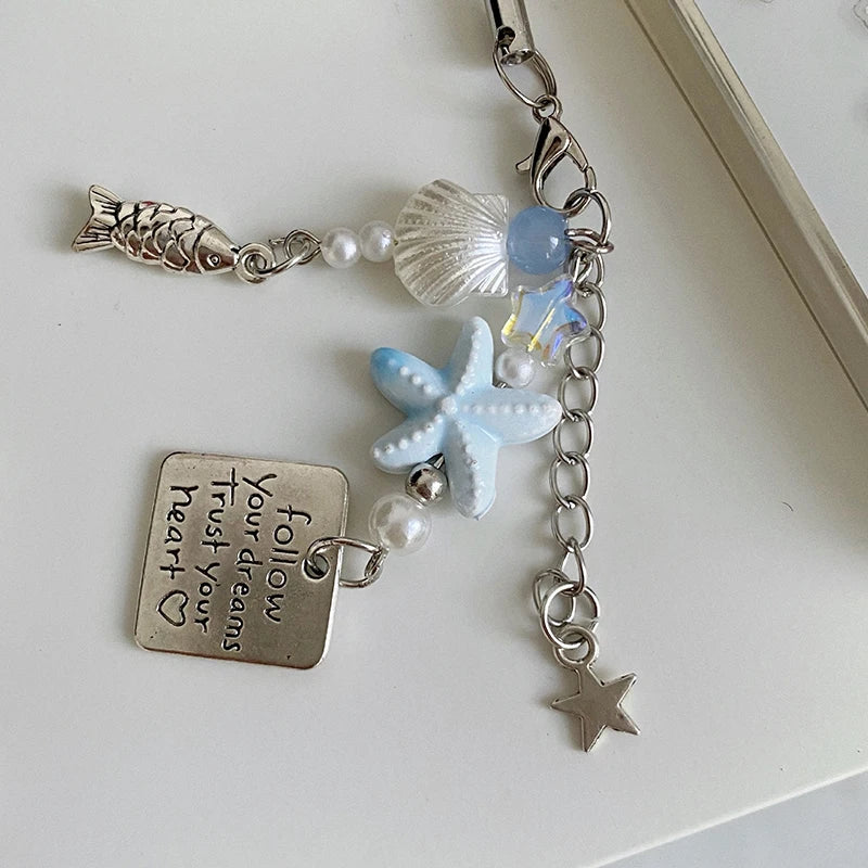 Summer Starfish Fish Phone Chain Y2K Sweet Beaded Mobile Phone Lanyard Keychain Girly Cute Ins Phone Charm Pendant