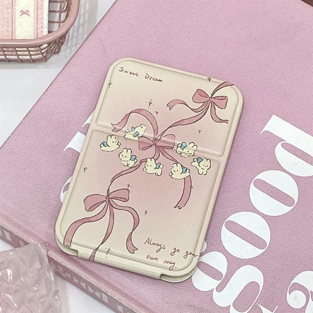 Portable Foldable Makeup Mirror PU Leather Handheld Mirrors Cute Bow Bunny Cat Bear Mini Pocket Girls Student Cosmetic Mirror