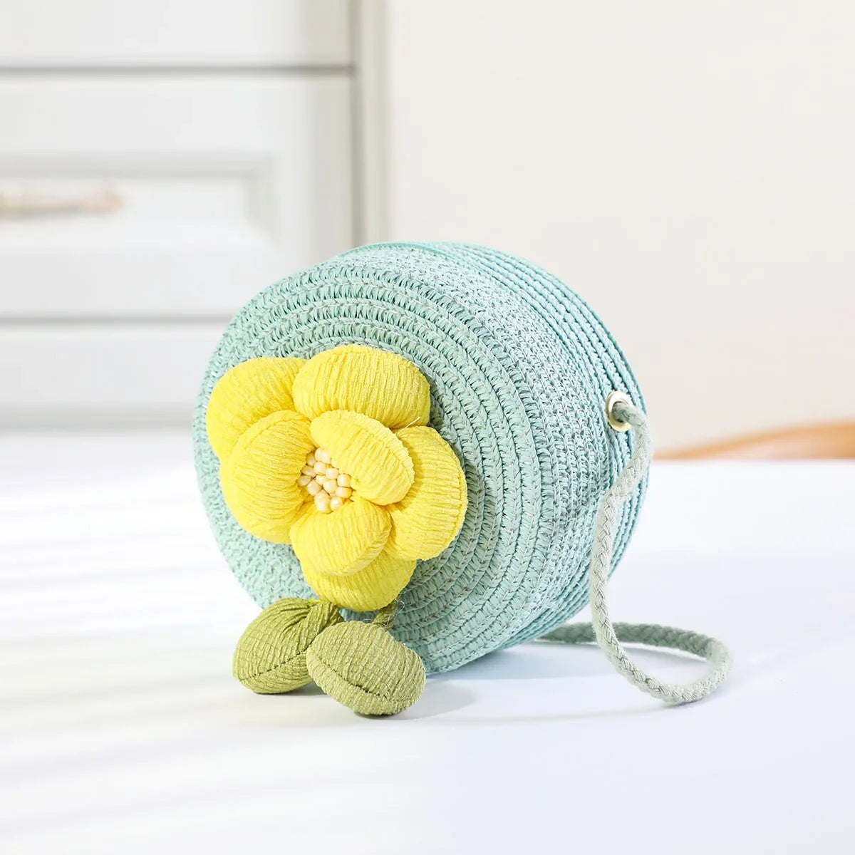 Fashion Round Woven Bow Girls Crossbody Bag Simple Baby Kids Beach Purse Clutch Casual Straw Flower Children's Shoulder Bags