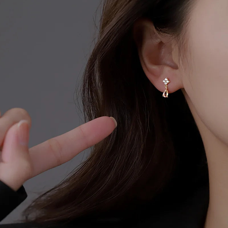 Korean Cute Ear Piercing Water Drop Earrings for Women Crystal Short Tassel Hypoallergenic Female Earrings Party Jewelry Brincos