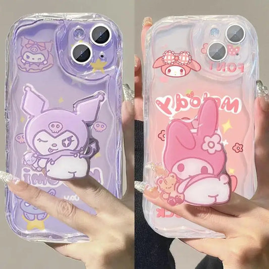 Cute Kuromi Melody Grip Tok Holder Wave Soft Phone Case For IPhone 15 Pro Max 14 11 12 13 Mini XR 6s 6 8 7 Plus X XS SE 2022