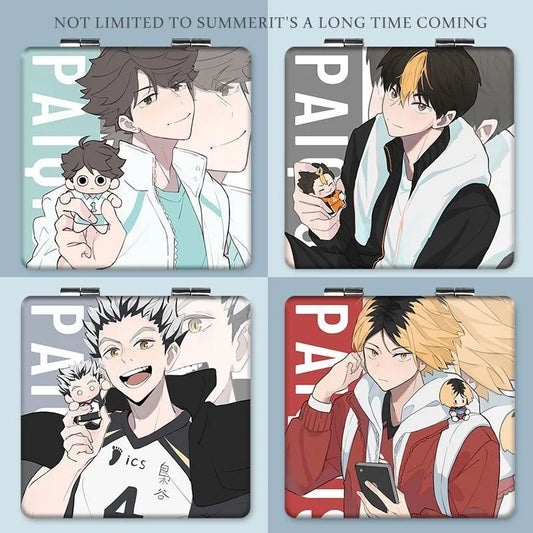 6x7cm, Haikyuu, Folding Double-sided Makeup Mirror, Portable Travel, Mini Light Compact, Anime Cute Girls Kids,Magnifying,Square