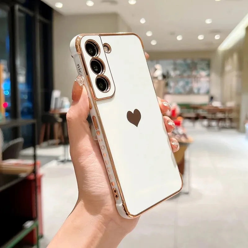 Luxury Plating Case For Samsung Galaxy S22 S23 Ultra S21 S20 FE A52 A53 S22 Plus A13 A54 A14 Love Heart Side Pattern Phone Cover